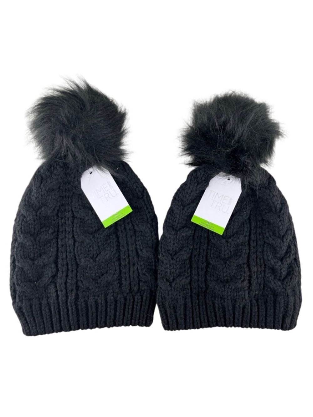 Women's Cable Pom-Pom Beanie Hat Black Winter